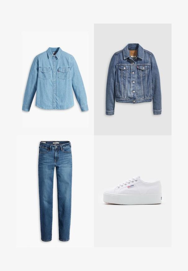 Denimjakke i mellemblå med klassisk krave, knaplukning foran, to brystlommer og guldfarvet hardware. Slidt teksturdetalje.; Lyseblå denimskjorte med lange ærmer, spidse krave, to brystlommer, knaplukning og subtil tekstur. Ingen synlige mønstre.; Denim jeans i en mellemblå nuance med lige ben, fem lommer og lynlås med knaplukning.; Hvide canvas sneakers med en tyk hvid platformssål, rund tå og metaløjelets til snørebånd. Mærkets logo præsenteret på siden.