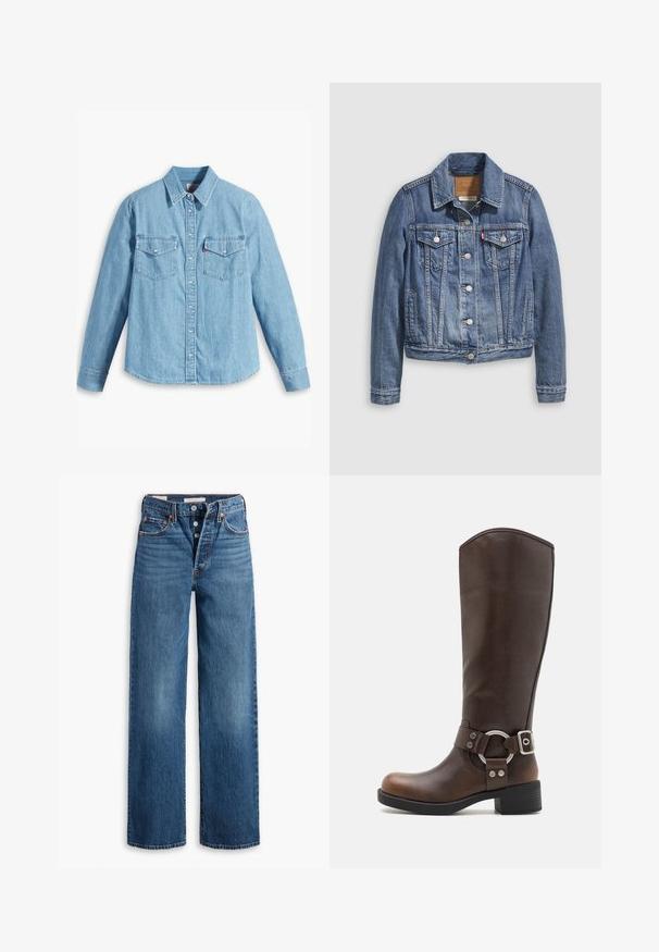 Veste en denim bleu moyen avec un col classique, fermeture à boutons, deux poches poitrine et des accessoires de couleur dorée. Détail de texture usée.; Chemise en denim bleu clair à manches longues, col pointu, deux poches poitrine, patte de boutonnage et texture subtile. Pas de motifs visibles.; Jean en denim bleu avec une coupe large, cinq poches, braguette à boutons et piqûres contrastées. Tissu texturé avec un fini délavé.; Botte en cuir marron hauteur genou avec un accent en métal rond et une boucle. Tige légèrement texturée, talon empilé et design à bout rond.