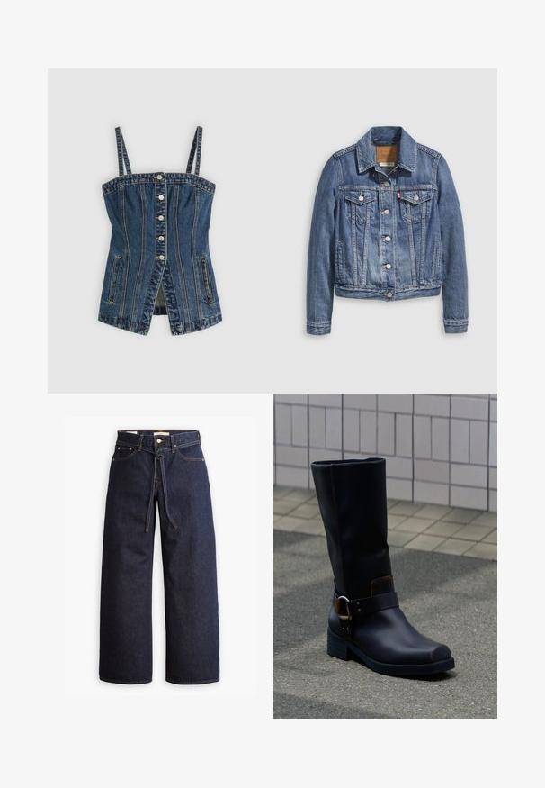 Veste en denim bleu moyen avec un col classique, fermeture à boutons, deux poches poitrine et des accessoires de couleur dorée. Détail de texture usée.; Top corset en denim avec bretelles ajustables, fermeture à boutons sur le devant, détails de couture verticale, poches latérales et une légère ouverture à l'avant.; Jeans en denim bleu foncé à jambes larges, avec une taille haute, dotés d'un lien à cordon, de cinq poches et de détails de couture contrastants.; Botte en cuir noire mi-mollet avec un talon bas et une bride décorative avec boucle en métal, posée sur une surface pavée grise près d'un mur carrelé.