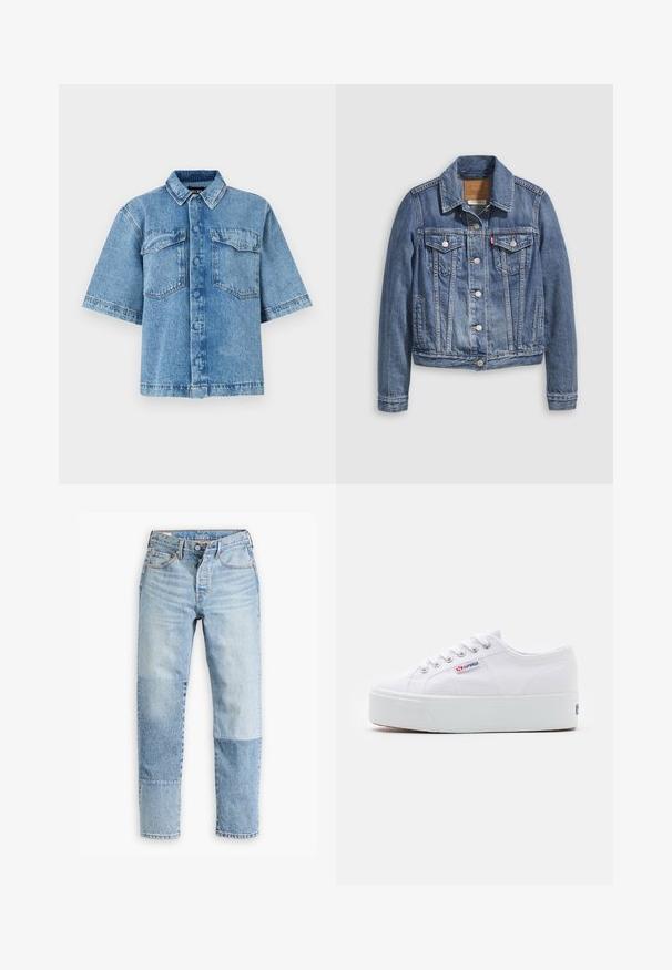 Veste en denim bleu moyen avec un col classique, fermeture à boutons, deux poches poitrine et des accessoires de couleur dorée. Détail de texture usée.; Chemise en denim à manches courtes de couleur bleu clair, dotée d'un col évasé, de deux poches poitrine et d'une fermeture à boutons sur le devant, avec une coupe décontractée et des coutures visibles.; Jean en denim bleu clair avec un design de panneaux unique, combinant différentes teintes et textures. Style classique à cinq poches avec fermeture éclair.; Baskets en toile blanches avec une épaisse semelle plateforme blanche, bout rond et œillets en métal pour les lacets. Logo de la marque affiché sur le côté.
