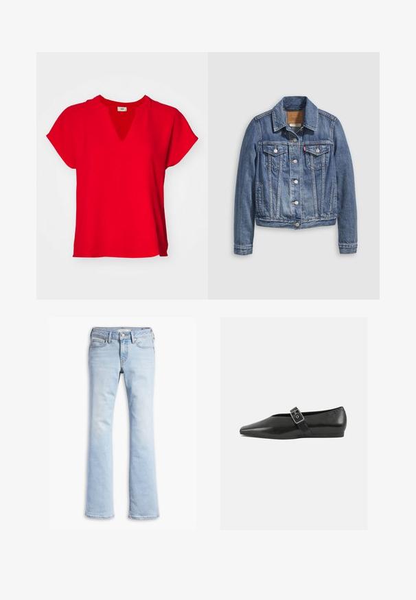 Veste en denim bleu moyen avec un col classique, fermeture à boutons, deux poches poitrine et des accessoires de couleur dorée. Détail de texture usée.; Haut rouge à manches courtes avec un décolleté en V et une coupe ample. Fabriqué en tissu doux avec une texture lisse et sans motifs ni accents visibles.; Jeans en denim bleu clair avec une taille ajustée, bouton et fermeture éclair à l'avant, poches avant et arrière, et jambes légèrement évasées.; Chaussure plate en cuir noir avec un orteil pointu, présentant une sangle à boucle métallique sur le cou-de-pied et une semelle basse et flexible.