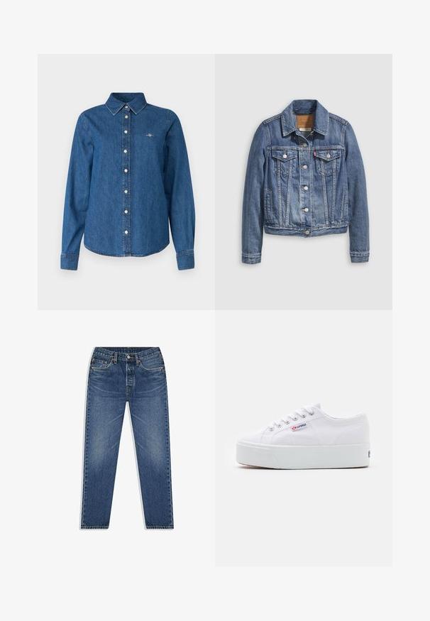 Denimjakke i mellemblå med klassisk krave, knaplukning foran, to brystlommer og guldfarvet hardware. Slidt teksturdetalje.; GANT REG - Skjortebluser - indigo; Blå denim jeans med lige ben-design, der har knap- og lynlåsgylpter, fem lommer og subtilt slid i vasken.; Hvide canvas sneakers med en tyk hvid platformssål, rund tå og metaløjelets til snørebånd. Mærkets logo præsenteret på siden.