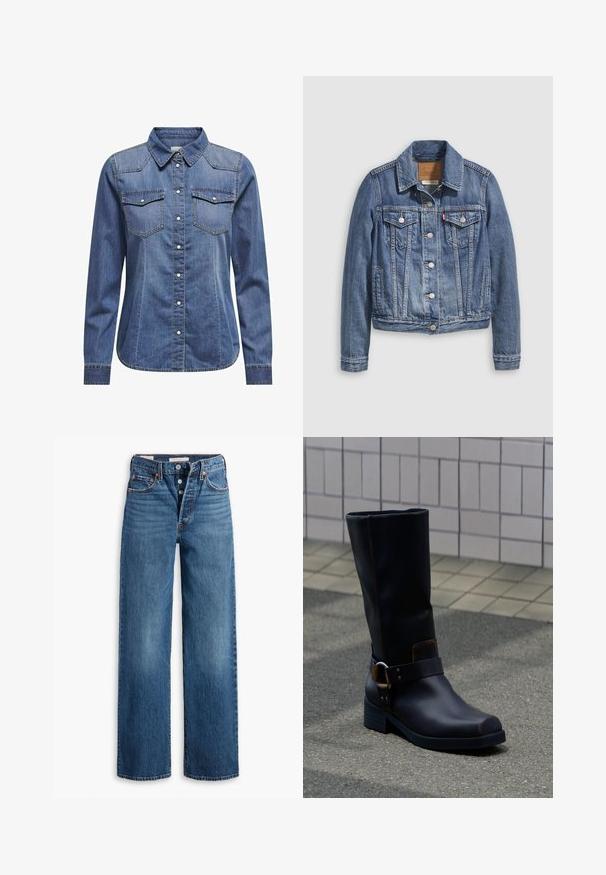 Denimjakke i mellemblå med klassisk krave, knaplukning foran, to brystlommer og guldfarvet hardware. Slidt teksturdetalje.; Denimskjorte i mørkeblå, med krave, lange ærmer, dobbelt brystlomme og kontrasterende syninger.; Blå denim jeans med en vid benstruktur, fem lommer, knaplukning og kontraststing. Strukturstof med en falmet overflade.; Sort midt på læggen læderstøvle med lav hæl og dekorativ rem med metalspænde, stående på en grå belagt overflade nær en flisevæg.