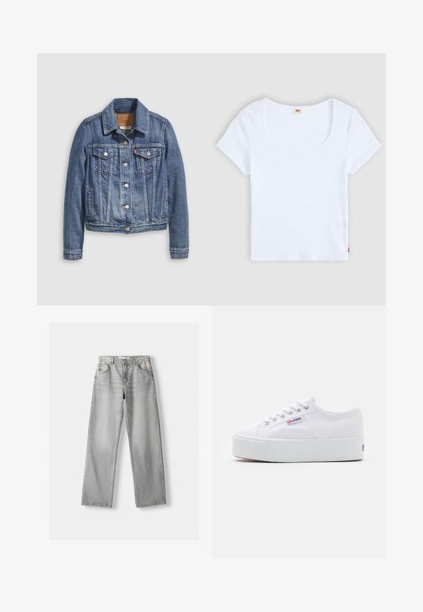 Jeansjacke in mittlerem Blau mit klassischem Kragen, Knopfleiste, zwei Brusttaschen und goldfarbenen Beschlägen. Mit Used-Effekt.; Weiße kurzärmelige Bluse mit quadratischem Ausschnitt, aus geripptem Stoff. Mit einem kleinen roten Logoschild auf der unteren linken Seite.; Helle graue Jeans aus Denim mit geradem Bein, ausgestattet mit zwei vorderen Taschen, einem Knopfverschluss und subtilen Abnutzungen für Struktur.; Weiße Leinenschuhe mit einer dicken weißen Plattformsohle, runder Zehenpartie und Metallösen für die Schnürsenkel. Markenlogo an der Seite angebracht.