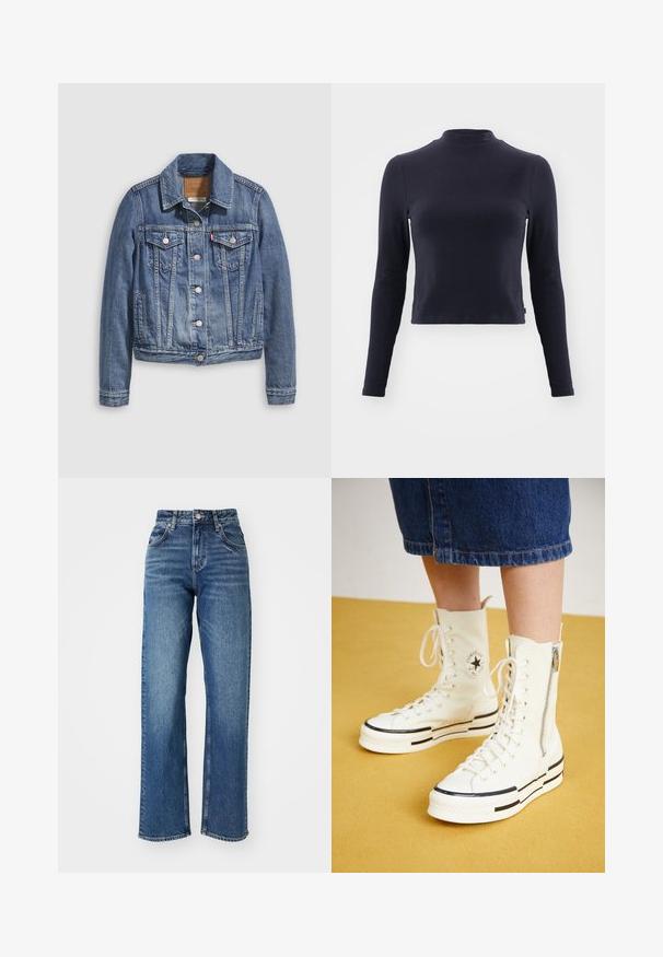 Denimjakke i mellemblå med klassisk krave, knaplukning foran, to brystlommer og guldfarvet hardware. Slidt teksturdetalje.; Marine langærmet crop top med høj hals. Lavet af blødt stof, har fitted design, diskret syninger og ingen synlige mønstre eller detaljer.; Højtaljede, brede jeans lavet af blåt denim. Har fem lommer, en knaplukning og let stræk på stoffet.; Hvide høj-top sneakers med lynlåslukning, snørresystem og sorte striber på en tyk sål. Tekstureret kanvasmateriale.