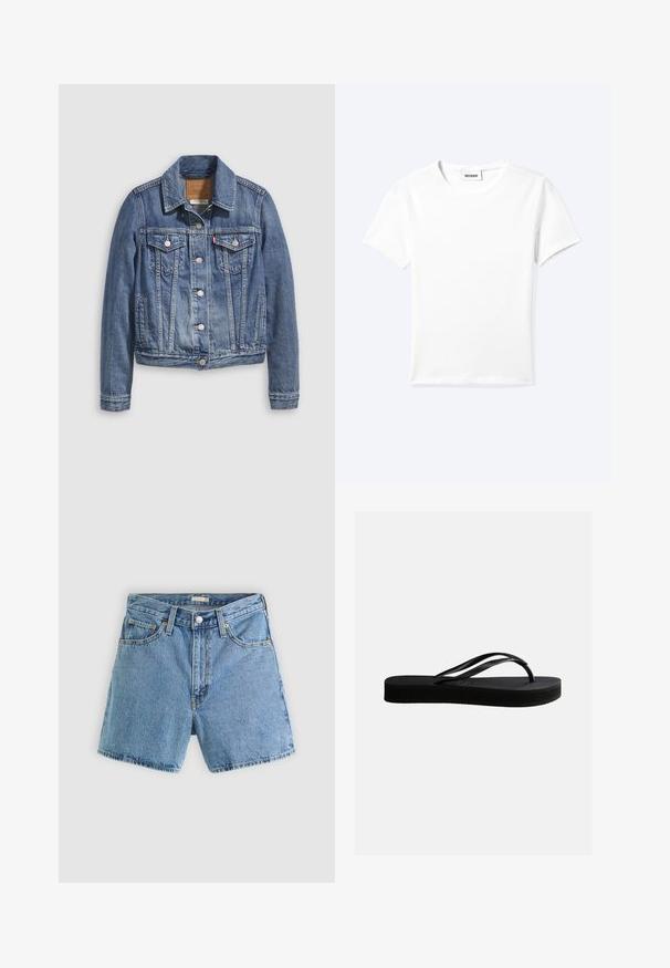 Spijkerjack in mediumblauw met een klassieke kraag, knopen aan de voorkant, twee borstzakken en goudkleurige accenten. Verweerde textuurdetails.; Effen wit T-shirt met korte mouwen en ronde hals met een klein "WEEKDAY" label aan de binnenkant van de hals, plat neergelegd op een lichte achtergrond.; Lichtblauwe denimshort met voorste knoop en ritssluiting, riemlussen en een ontwerp met vijf zakken tegen een effen achtergrond.; Zwarte rubberen teenslipper met gestructureerd zool en Y-vormige band, zijaanzicht op een effen lichte achtergrond.