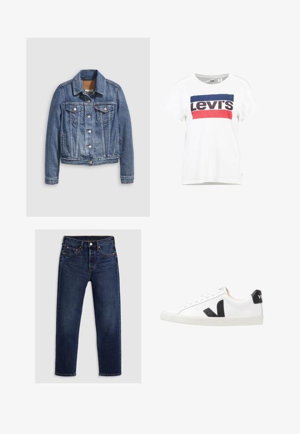 Jeansjacke in mittlerem Blau mit klassischem Kragen, Knopfleiste, zwei Brusttaschen und goldfarbenen Beschlägen. Mit Used-Effekt.; Weißes Baumwoll-T-Shirt mit kurzen Ärmeln und Rundhalsausschnitt, das ein zentrales Logo-Design von Levi's in Blau, Rot und Schwarz zeigt.; Dunkelblaue Jeans aus Denim mit geradem Bein-Design. Verfügt über einen Reißverschluss mit Knopfverschluss, fünf Taschen und kontrastierende Nähte.; Weißer Sneaker mit einem schwarzen V-Logo, ausgestattet mit einem glatten Lederoberteil, runder Zehenpartie, Schnürverschluss und kontrastierendem schwarzen Fersenbereich.