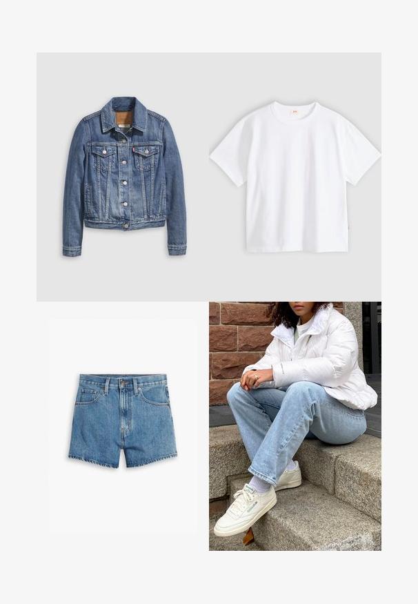 Jeansjacke in mittlerem Blau mit klassischem Kragen, Knopfleiste, zwei Brusttaschen und goldfarbenen Beschlägen. Mit Used-Effekt.; Weißes Baumwoll-T-Shirt mit kurzen Ärmeln, rundem Ausschnitt, lockerer Passform, glatter Textur und einem kleinen Logetikett an der linken Seitennaht.; Hellblaue Denim-Shorts mit fünf Taschen, einem Reißverschluss und einem Knopfverschluss. Der Saum ist fransig und das Design bietet eine lässige Passform.; Weißer Pufferjacke mit hohem Kragen, hellblauen Jeans und weißen Reebok-Sneakern. Strukturierten Steinstufen im Hintergrund.