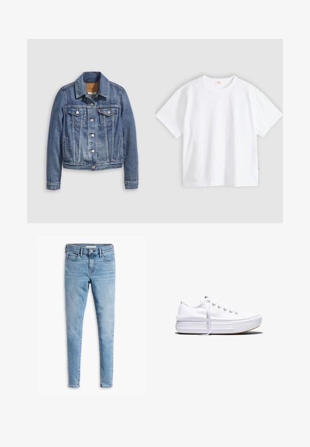 Denimjakke i mellemblå med klassisk krave, knaplukning foran, to brystlommer og guldfarvet hardware. Slidt teksturdetalje.; Hvid bomuld t-shirt med korte ærmer, rund hals, afslappet pasform, glat tekstur og en lille logolabel på venstre sidesøm.; Lyseblå super skinny jeans med frontknap og lynlås, bæltestropper og fem lommers design.; Hvid lavt snørestøvle med tyk plateau-sål, snørelukning foran og gummiforstærket tåkap, set i sideprofil.