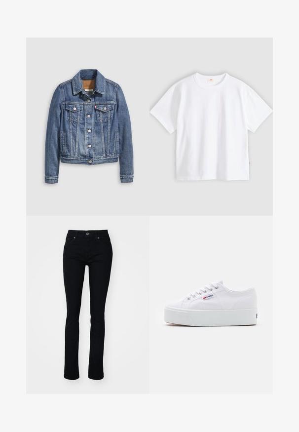 Jeansjacke in mittlerem Blau mit klassischem Kragen, Knopfleiste, zwei Brusttaschen und goldfarbenen Beschlägen. Mit Used-Effekt.; Weißes Baumwoll-T-Shirt mit kurzen Ärmeln, rundem Ausschnitt, lockerer Passform, glatter Textur und einem kleinen Logetikett an der linken Seitennaht.; Schwarze Denim-Jeans mit schmaler Passform, fünf Taschen, Reißverschluss und Knopfverschluss. Glatte Textur und leicht elastisch für Komfort.; Weiße Leinenschuhe mit einer dicken weißen Plattformsohle, runder Zehenpartie und Metallösen für die Schnürsenkel. Markenlogo an der Seite angebracht.