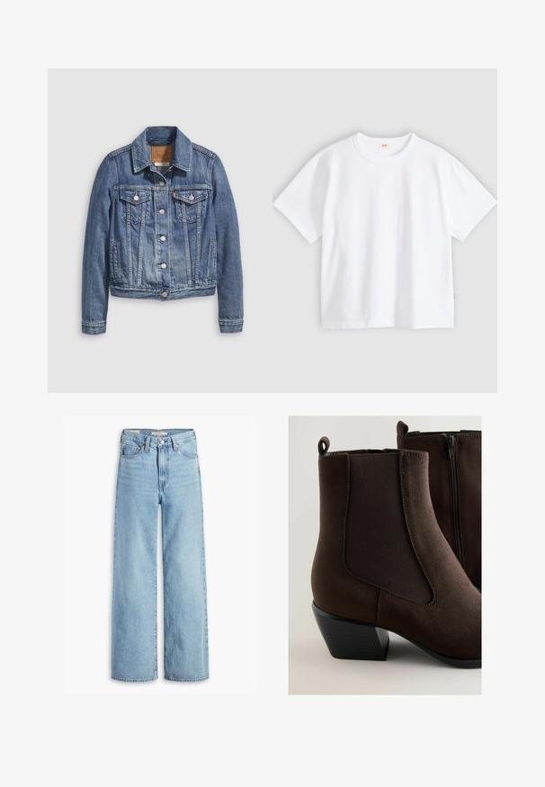 Džínová bunda v stredne modrej farbe s klasickým golierom, zapínaním na gombíky, dvoma náprsnými vreckami a kovaným zlatým detailom. Detail s opotrebovaným vzhľadom.; Biele bavlnené tričko s krátkym rukávom, okrúhlym výstrihom, voľným strihom, hladkou textúrou a malou značkou loga na ľavom bočnom šve.; Svetlomodré široké nohavice s vysokým pásom, predným gombíkom a zipsom, pútka na opasok a štýl s piatimi vreckami.; Hnedé semišové čižmy po členky s elastickými bočnými panelmi, opotrebovanou textúrou a čiernym, vrstveným podpätkom. Obsahujú zips pre jednoduché obúvanie.