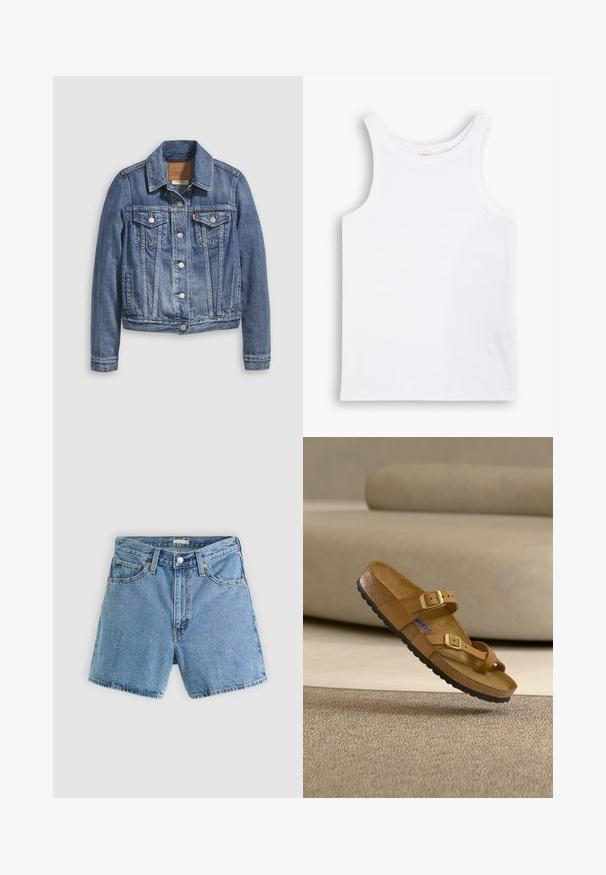 Veste en denim bleu moyen avec un col classique, fermeture à boutons, deux poches poitrine et des accessoires de couleur dorée. Détail de texture usée.; Débardeur en coton blanc avec de larges bretelles, un col rond et une texture lisse et côtelée. Aucun motif ni accent présent.; Short en denim bleu clair avec bouton et fermeture éclair à l'avant, passants de ceinture, et design à cinq poches sur un fond uni.; Sandale marron avec deux brides réglables et boucles dorées, semelle intérieure en liège et semelle extérieure en caoutchouc noir, positionnée au-dessus d’un tapis texturé.