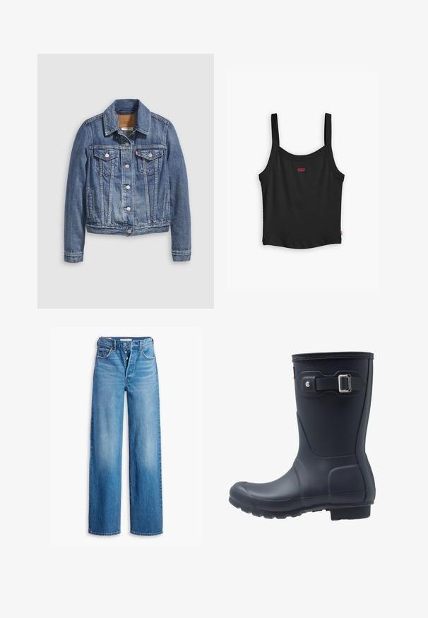 Veste en denim bleu moyen avec un col classique, fermeture à boutons, deux poches poitrine et des accessoires de couleur dorée. Détail de texture usée.; Débardeur noir à côtes avec des fines bretelles, arborant un petit logo rouge Levi's au centre devant et un ourlet droit.; Jeans en denim bleu à taille haute, design à jambes larges et style à cinq poches. Présente un zip à bouton et une finition délavée.; Botte de pluie en caoutchouc noir avec un embout arrondi, une semelle texturée et un détail de sangle ajustable. Surface lisse avec une finition mate.