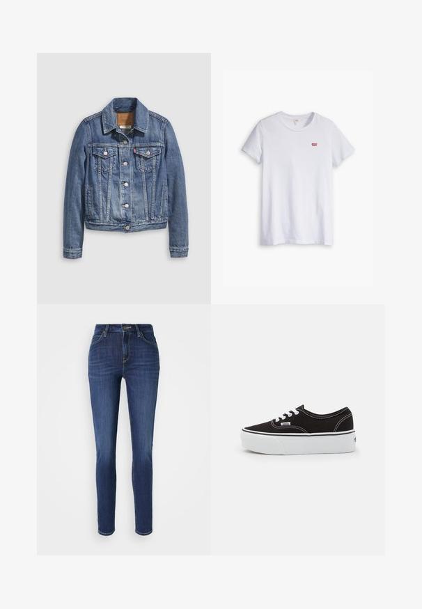 Denimjakke i mellemblå med klassisk krave, knaplukning foran, to brystlommer og guldfarvet hardware. Slidt teksturdetalje.; Hvid bomulds t-shirt med korte ærmer og rund halsudskæring. Har et lille rødt Levi's-logo på venstre brystområde.; Slim-fit jeans i mørkeblå denim med subtil falmning. Har fem lommer, bæltestropper og en frontknaplukning. Standard lige ben design.; Sort lærred sneakers med en hvid gummi platform sål, der har hvide snørebånd og syninger, ikonisk branding på siden, lav-top design.