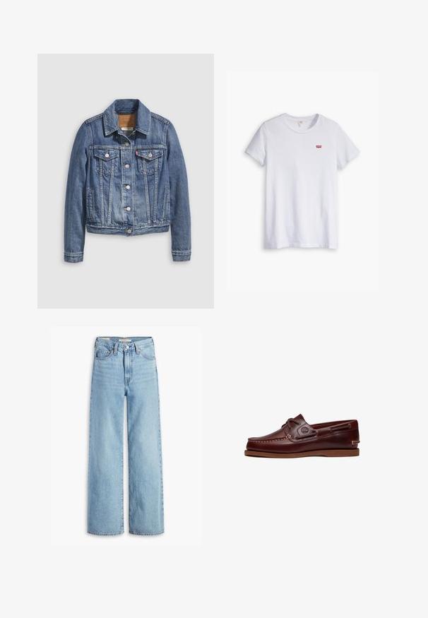 Jeansjacke in mittlerem Blau mit klassischem Kragen, Knopfleiste, zwei Brusttaschen und goldfarbenen Beschlägen. Mit Used-Effekt.; Weißes Baumwoll-T-Shirt mit kurzen Ärmeln und rundem Ausschnitt. Besitzt ein kleines rotes Levi's-Logo auf der linken Brustseite.; Hochgeschnittene, hellblaue Schlagjeans mit Frontknopf und Reißverschluss, Gürtelschlaufen und fünf Taschen.; Brauner Leder-Bootsschuh mit Schnürsenkeln, Nahtdetails und Timberland-Logo an der Seite, auf weißem Hintergrund gezeigt.