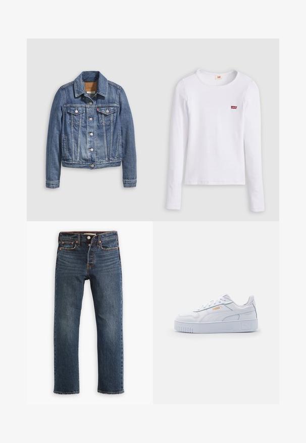 Denimjakke i mellemblå med klassisk krave, knaplukning foran, to brystlommer og guldfarvet hardware. Slidt teksturdetalje.; Hvid Levi's langærmet skjorte med rund halsudskæring og lille rødt Levi's-logo på venstre bryst, vist på en ensfarvet baggrund.; Mørkeblå denimjeans med lige ben. Har forlommer, knaplukning og synlige syningsdetaljer. Slidt look.; Hvide lædersneakers med en kraftig sål, der har en glat overflade, minimalistisk design, side-striber og en lille logo detalje.