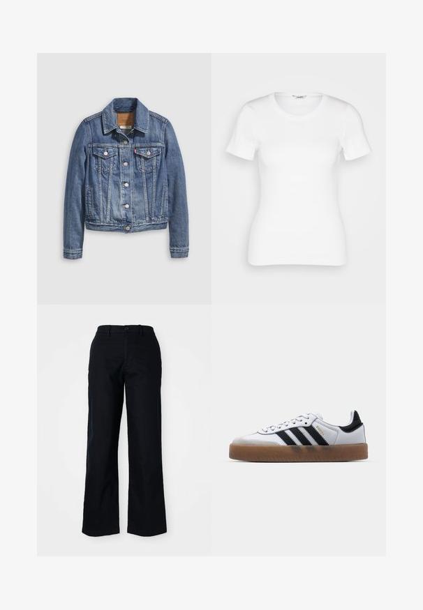 Veste en denim bleu moyen avec un col classique, fermeture à boutons, deux poches poitrine et des accessoires de couleur dorée. Détail de texture usée.; T-shirt en coton blanc avec des manches courtes, un col rond et une texture côtelée. Design ajusté avec une finition lisse et nette.; Pantalons noirs à jambes larges en coton. Dotés d'une fermeture à bouton à l'avant, de passants de ceinture et d'une texture lisse. Pas de motifs ou d'accents visibles.; Baskets en cuir blanc avec des rayures noires, semelle extérieure en caoutchouc beige, bout rond, fermeture lacée et embout en suède gris doux.
