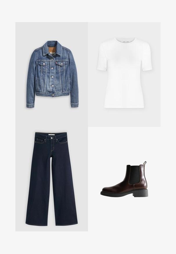 Jeansjacke in mittlerem Blau mit klassischem Kragen, Knopfleiste, zwei Brusttaschen und goldfarbenen Beschlägen. Mit Used-Effekt.; Weißes T-Shirt mit kurzen Ärmeln und Rundhalsausschnitt, schlanker Passform und gerippter Stoffstruktur, dargestellt vor einem schlichten hellgrauen Hintergrund.; Weite Jeans aus dunkelblauem Denim mit orangefarbenen Nähten, Knopfverschluss, zwei vorderen Taschen und einer glatten Textur. Verfügt über einen sauberen Saum.; Braune Leder-Boots mit elastischen Seitenteilen, runder Spitze und einer strukturierten schwarzen Gummisohle. Verfügt über kontrastierende Nähte und eine Ziehlasche.
