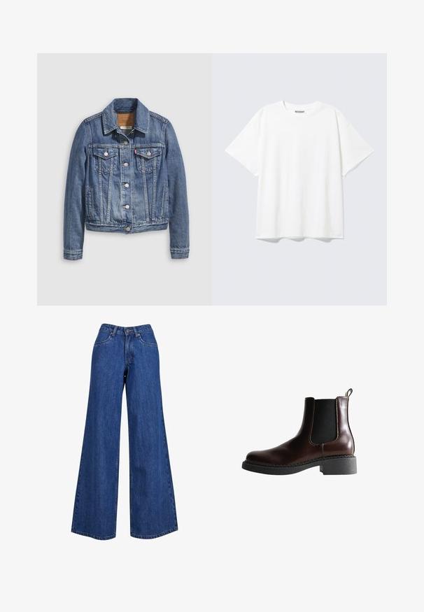 Jeansjacke in mittlerem Blau mit klassischem Kragen, Knopfleiste, zwei Brusttaschen und goldfarbenen Beschlägen. Mit Used-Effekt.; Weißes T-Shirt mit kurzen Ärmeln, Rundhalsausschnitt und entspanntem Schnitt mit einem "WEEKDAY" Etikett an der Innenseite des hinteren Halsbereichs.; Weite Jeans aus Denim in mittelblau, mit hoher Taille, kontrastierenden Nähten und klassischem Fünf-Taschen-Design.; Braune Leder-Boots mit elastischen Seitenteilen, runder Spitze und einer strukturierten schwarzen Gummisohle. Verfügt über kontrastierende Nähte und eine Ziehlasche.