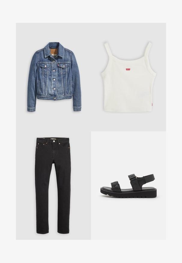 Veste en denim bleu moyen avec un col classique, fermeture à boutons, deux poches poitrine et des accessoires de couleur dorée. Détail de texture usée.; Crop top blanc côtelé avec fines bretelles et petit logo Levi's rouge au centre devant et sur la couture latérale.; Jean en denim noir avec une coupe droite, un design à cinq poches, des rivets en métal et des coutures contrastées. Texture lisse avec une coupe classique.; Sandales à plateforme noires avec des brides matelassées, bout ouvert et sangle ajustable à la cheville. Semelle en caoutchouc texturé avec un motif en zigzag pour une meilleure adhérence.