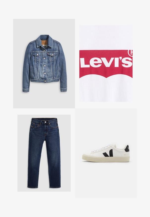 Denimjakke i mellemblå med klassisk krave, knaplukning foran, to brystlommer og guldfarvet hardware. Slidt teksturdetalje.; Hvid bomulds t-shirt med et rødt grafisk design, der indeholder teksten "Levi's" og et buet logo ovenfor, lavet af fed, kontrastfyldt skrifttype.; Mørkeblå denimbukser med lige ben-design. Har en lynlås og knaplukning, fem lommer og kontrasterende syninger.; Hvide lædersneakers med sort gummiv V-logo. Tekstureret off-white sål, hvide snørebånd og bagside med brandnavn i sort.