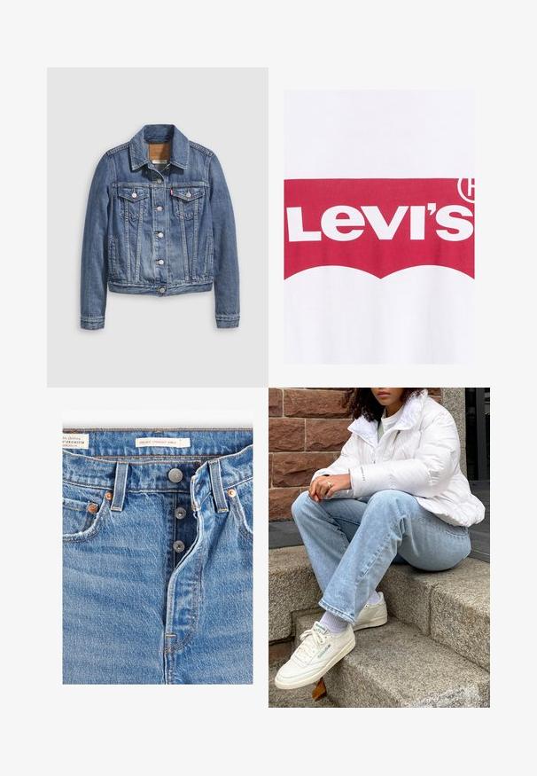 Spijkerjack in mediumblauw met een klassieke kraag, knopen aan de voorkant, twee borstzakken en goudkleurige accenten. Verweerde textuurdetails.; Witte katoenen t-shirt met een rood grafisch ontwerp waarop de tekst "Levi's" staat, met daarboven een gebogen logo van vetgedrukte, contrasterende letters.; Lichtblauwe spijkerbroek met een rechte enkelafwerking. Bevat vijf zakken, twee metalen knopen en zichtbare oranje stiksels. Labels aanwezig.; Witte pufferjack met een hoge kraag, lichtblauwe denim jeans en witte Reebok sneakers. Geïntegreerde stenen trappen op de achtergrond.