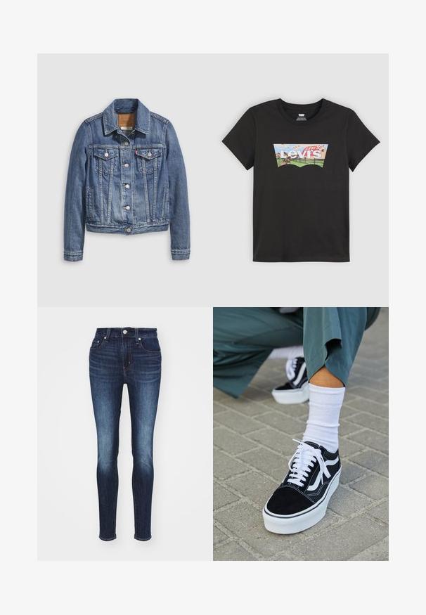 Keskmise sinise teksajakk klassikalise kraega, ees nööpidega, kahe rinnatasku ja kuldse tooniga riistvaraga. Kulunud tekstuuriga detail.; Must t-särk Levi's logo ja maastikulise hobuse, roheliste põldude, tara ja sinise taeva lindudega.; Tumedatest sinised kitsad teksad keskmise kõrge vöökohaga, millel on pleekinud muster, viis taskut ning metallist nööp ja tõmblukk.; Mustjad sametist tennisjalanõud valgete aktsentide ja nööridega, millel on paks valge tald ja kontrastsed õmblused, koos valge sokiga.