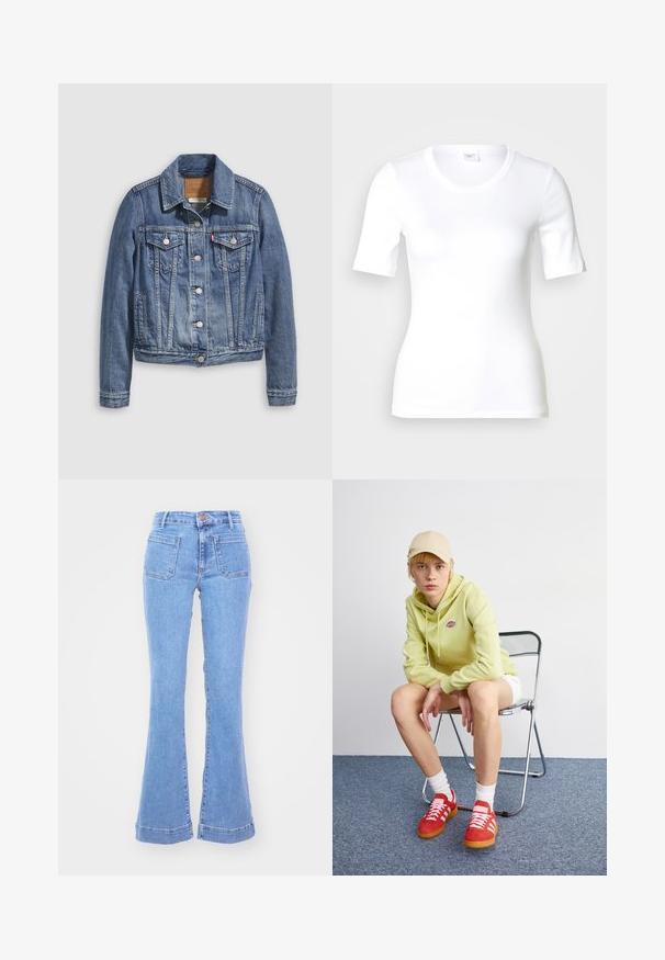 Veste en denim bleu moyen avec un col classique, fermeture à boutons, deux poches poitrine et des accessoires de couleur dorée. Détail de texture usée.; T-shirt blanc à manches courtes en coton lisse, doté d'un col rond et d'une coupe ajustée. Design classique, sans motifs ni accents.; Jean en denim bleu clair taille haute avec poches plaquées devant et jambes évasées sur fond blanc uni.; Un sweat à capuche vert clair avec logo, un short blanc, des baskets rouges avec rayures blanches, assis sur une chaise pliante en chrome contre un fond neutre.