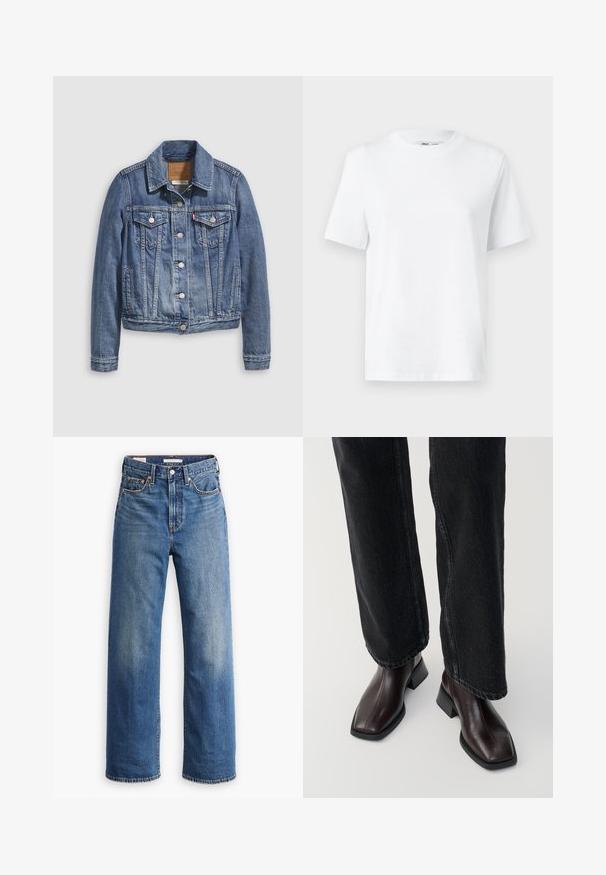 Jeansjacke in mittlerem Blau mit klassischem Kragen, Knopfleiste, zwei Brusttaschen und goldfarbenen Beschlägen. Mit Used-Effekt.; Weißes Baumwoll-T-Shirt mit Rundhalsausschnitt, kurzärmlig und mit glatter Textur. Entworfen mit einer lockeren Passform für Komfort und Vielseitigkeit.; Hellblaue Jeans aus Denim mit hoher Taille, weitem Bein, klassischem Fünf-Taschen-Design und subtilen Verwaschungen im Stoff.; Braune Lederstiefeletten mit quadratischer Spitze und Blockabsatz, kombiniert mit schwarzen weit geschnittenen Jeans. Glatte Textur und minimalistisches Design.