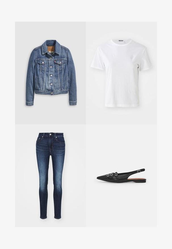 Denimjakke i mellemblå med klassisk krave, knaplukning foran, to brystlommer og guldfarvet hardware. Slidt teksturdetalje.; Hvid T-shirt med korte ærmer lavet af blødt stof. Har en rund halsudskæring og en lige pasform, med en label på den indre krave.; Mørkeblå skinny jeans med almindelig taljehøjde, prydet med et falmet mønster, fem lommer samt metalknap og lynlås lukning.; Sort læderslyngeflad sko med spids tå, der har to vandrette stropper og firkantede sølvspænder, lav hæl og glat tekstur.