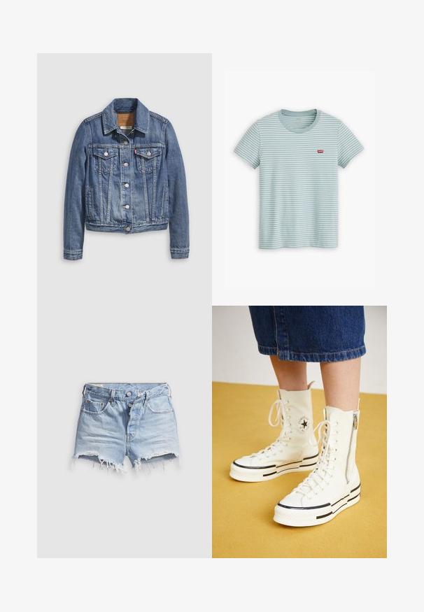 Veste en denim bleu moyen avec un col classique, fermeture à boutons, deux poches poitrine et des accessoires de couleur dorée. Détail de texture usée.; T-shirt bleu clair à rayures en coton, avec des manches courtes et un col rond. Un petit logo rouge de Levi’s est positionné sur la poitrine.; Shorts en denim bleu clair avec bords effilochés, cinq poches et fermeture à boutons. La texture est douce avec un aspect légèrement usé.; Baskets montantes blanches avec une fermeture éclair, un design à lacets et des accents de rayures noires sur une semelle épaisse. Matériau en toile texturée.
