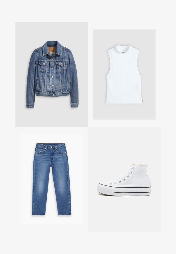 Veste en denim bleu moyen avec un col classique, fermeture à boutons, deux poches poitrine et des accessoires de couleur dorée. Détail de texture usée.; Top blanc sans manches en coton avec col rond haut et petite étiquette Levi's sur le côté, présenté sur un fond gris clair.; Jean droit taille haute bleu avec bouton avant, fermeture éclair et design à cinq poches, présenté à plat sur un fond blanc.; Baskets montantes blanches en toile, semelle en caoutchouc noir et bande noire contrastante sur la semelle intermédiaire. Bout rond et design à lacets.