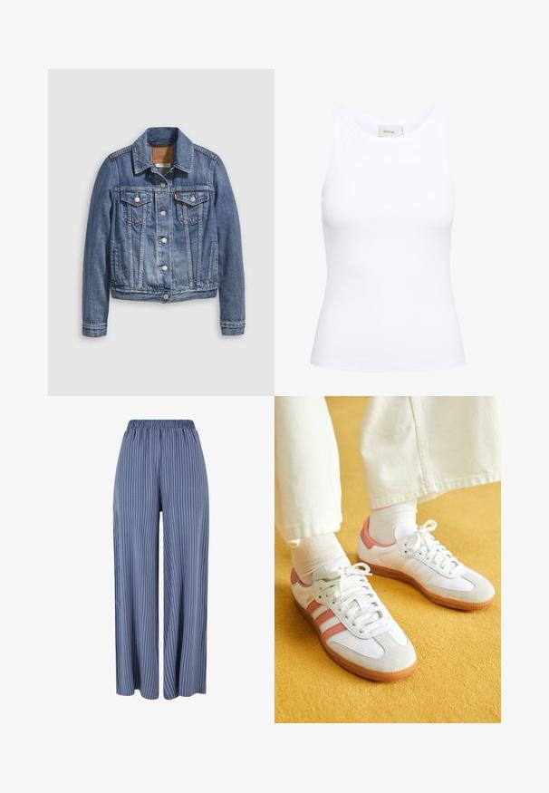 Denimjakke i mellemblå med klassisk krave, knaplukning foran, to brystlommer og guldfarvet hardware. Slidt teksturdetalje.; Hvid ribbet tanktop med rund halsudskæring og uden ærmer. Strækbart stof og tætsiddende design. Etiketten bagpå viser "GESTUZ."; Blå vidde bukser med hvide lodrette striber og elastisk talje, vist mod en hvid baggrund.; Hvide sportsko med lyserøde accenter, lavet af ruskind og læder, rund tå og gummisål, vist med lyse sokker på en gul baggrund.