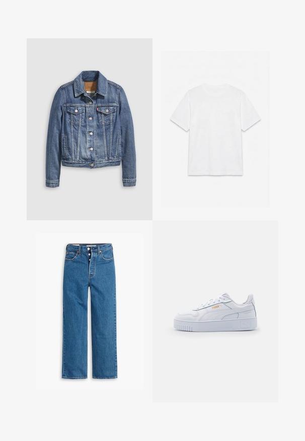Jeansjacke in mittlerem Blau mit klassischem Kragen, Knopfleiste, zwei Brusttaschen und goldfarbenen Beschlägen. Mit Used-Effekt.; Schlichtes weißes T-Shirt mit kurzen Ärmeln und Rundhalsausschnitt, flach auf weißem Hintergrund liegend.; Blaue Denim-Jeans mit geradem Bein, hoher Taille, fünf Taschen und Knopfverschluss. Auffällige Nähte und Nieten in Kupferfarbe.; Weiße Leder-Sneaker mit einer klobigen Sohle, die über eine glatte Textur, ein minimalistisches Design, Seitenstreifen und ein kleines Logo-Detail verfügen.