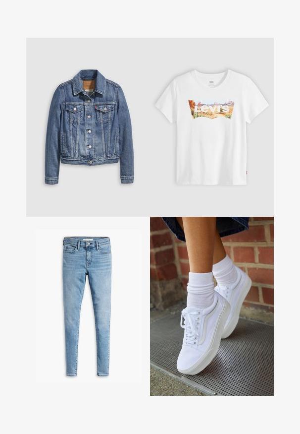 Denimjakke i mellemblå med klassisk krave, knaplukning foran, to brystlommer og guldfarvet hardware. Slidt teksturdetalje.; Hvid Levi's t-shirt med ørkenlandskab og plantegrafik inde i mærkets batwing-logo over brystet.; Lyseblå super skinny jeans med frontknap og lynlås, bæltestropper og fem lommers design.; Hvide lærreds sneakers med gummisåler, der har seks snørehuller, rund tå og let sømdetaljer, krydret med hvide ankelstrømper.