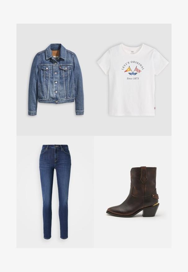 Veste en denim bleu moyen avec un col classique, fermeture à boutons, deux poches poitrine et des accessoires de couleur dorée. Détail de texture usée.; T-shirt blanc à manches courtes Levi's avec des drapeaux jaunes et rouges croisés et le texte "Levi's Original Since 1873" au centre devant.; Jean slim en denim bleu foncé avec un léger délavage. Présente cinq poches, des passants de ceinture et une fermeture à bouton à l'avant. Design standard à jambe droite.; Botte de cowboy en cuir marron avec un bout pointu et un talon empilé. Présente un motif en losange décoratif et une sangle avec un accent en quincaillerie.