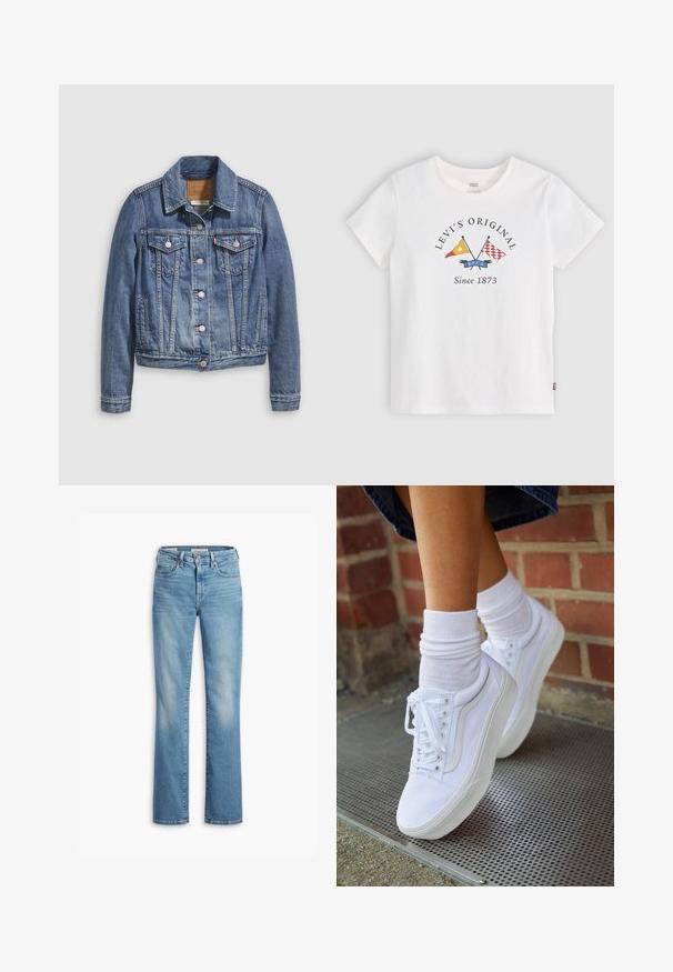 Denimjakke i mellemblå med klassisk krave, knaplukning foran, to brystlommer og guldfarvet hardware. Slidt teksturdetalje.; Hvid Levi's T-shirt med korte ærmer med korsede gule og røde flag og teksten "Levi's Original Since 1873" på frontens midte.; Lyseblå denim jeans med lige ben-design, knaplukning, fem lommer og udvaskede områder for et slidt look. Rensekant.; Hvide lærreds sneakers med gummisåler, der har seks snørehuller, rund tå og let sømdetaljer, krydret med hvide ankelstrømper.