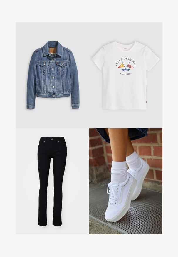 Jeansjacke in mittlerem Blau mit klassischem Kragen, Knopfleiste, zwei Brusttaschen und goldfarbenen Beschlägen. Mit Used-Effekt.; Weißes Levi's T-Shirt mit kurzen Ärmeln, gekreuzten gelben und roten Flaggen und dem Text "Levi's Original Since 1873" in der vorderen Mitte.; Schwarze Denim-Jeans mit schmaler Passform, fünf Taschen, Reißverschluss und Knopfverschluss. Glatte Textur und leicht elastisch für Komfort.; Weiße Leinensneaker mit Gummisohlen, ausgestattet mit sechs Ösen, runder Zehenpartie und dezenten Nähten, kombiniert mit weißen Knöchelsocken.