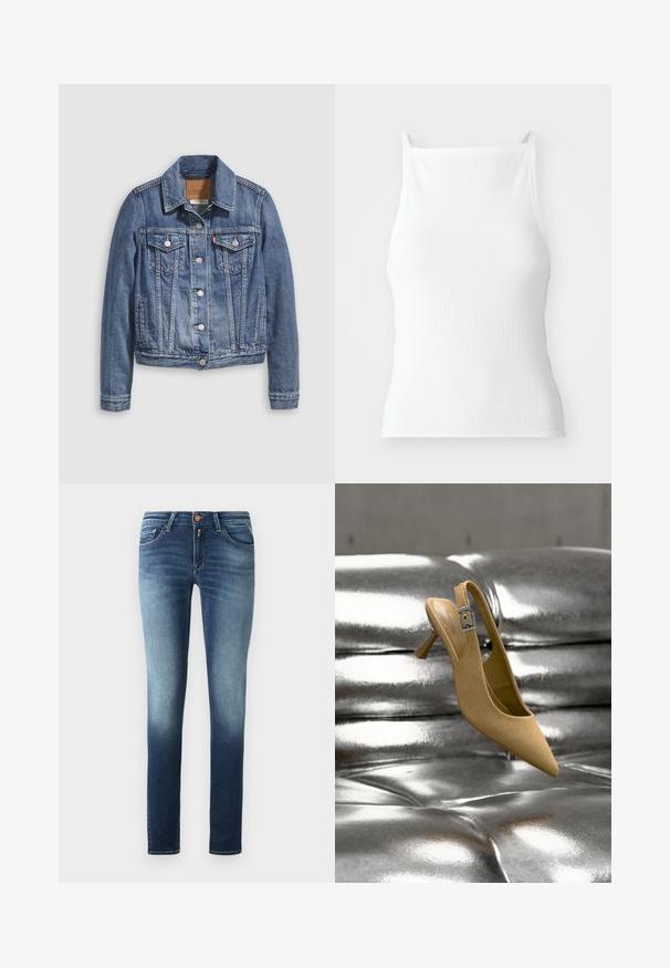 Džínová bunda v stredne modrej farbe s klasickým golierom, zapínaním na gombíky, dvoma náprsnými vreckami a kovaným zlatým detailom. Detail s opotrebovaným vzhľadom.; Biely rebrovaný top na tenké ramienka s priliehavým strihom a hladkou textúrou. Tkanina sa zdá byť elastická a jemne štruktúrovaná.; Chudé rifle vyrobené z džínoviny, s modrým gradientom od tmavej po svetlú. Dizajn s piatimi vreckami, s bočným zipsom a kovovým gombíkom. Hladká textúra.; Béžový semišový slingback topánka na nízkom opätku s remienkom a striebornou prackou, umiestnená nad lesklým kovovým povrchom s vystúpeným vzorom.