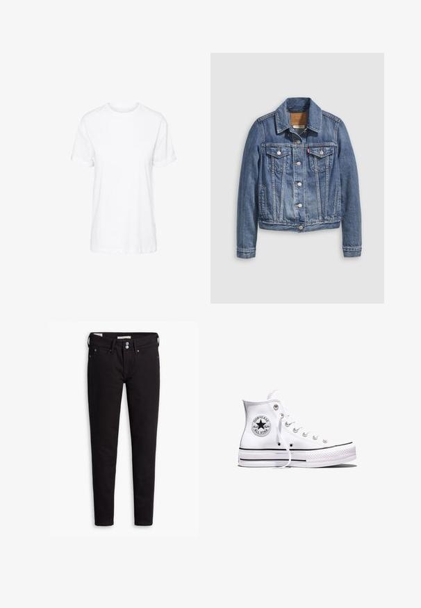 Veste en denim bleu moyen avec un col classique, fermeture à boutons, deux poches poitrine et des accessoires de couleur dorée. Détail de texture usée.; T-shirt en coton blanc avec des manches courtes, un col rond et une coupe décontractée, offrant une texture lisse et sans motifs visibles.; Jeans en denim noir avec une coupe slim, dotés d'une fermeture à boutons, de cinq poches et de détails de couture subtils. Texture lisse et matériau durable.; Baskets blanches montantes Converse Chuck Taylor All Star avec des rayures noires et un patch logo sur le côté, présentées sur un fond blanc uni.