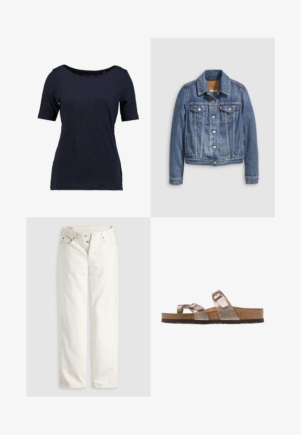 Denimjakke i mellemblå med klassisk krave, knaplukning foran, to brystlommer og guldfarvet hardware. Slidt teksturdetalje.; Mørkeblå kortærmet t-shirt lavet af bomuld. Har en rund halsudskæring og en afslappet pasform med sideudskæringer for bedre bevægelsesfrihed.; Hvide jeans med høj talje, lige ben, knaplukning, lommer foran og bagpå samt synlige kobbernitter i lommekanterne.; Metallisk bronzefarvede sandaler med to justerbare stropper og en korksål. Tykk sort gummisål med tekstureret mønster for godt greb.