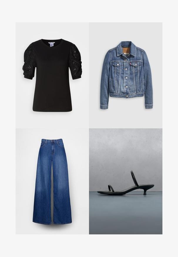 Denimjakke i mellemblå med klassisk krave, knaplukning foran, to brystlommer og guldfarvet hardware. Slidt teksturdetalje.; Sort t-shirt med korte ærmer, solid krop og teksturerede lace pufærmer, med rund udskæring og almindelig pasform.; Vidbenede jeans lavet af blåt denim med høj talje, knaplukning og fem-lomme-design. Rene snit med en glat tekstur.; Sort Calvin Klein sandal med hæl og tynde stropper, balancerende på træfliser udendørs nær en væg og grønne planter.