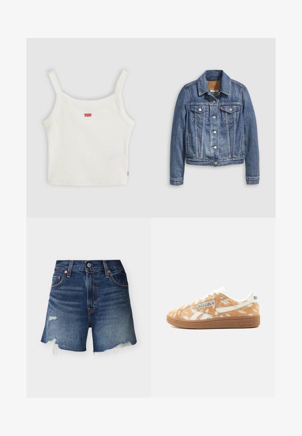 Veste en denim bleu moyen avec un col classique, fermeture à boutons, deux poches poitrine et des accessoires de couleur dorée. Détail de texture usée.; Crop top blanc côtelé avec fines bretelles et petit logo Levi's rouge au centre devant et sur la couture latérale.; Shorts en denim bleu avec bords effilochés et patchs usés sur un fond clair uni, vue de face.; Baskets basses Reebok avec texture fourrure tachetée marron clair et blanc, marquage blanc et semelle en caoutchouc naturel, vues de côté.