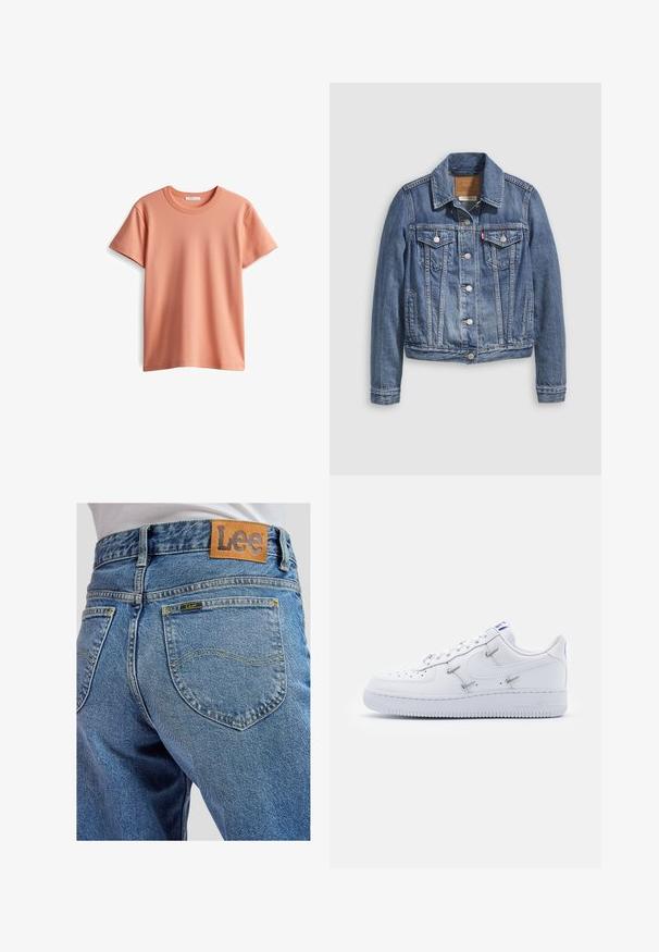 Spijkerjack in mediumblauw met een klassieke kraag, knopen aan de voorkant, twee borstzakken en goudkleurige accenten. Verweerde textuurdetails.; Korte mouwen T-shirt in licht perzikkleur, gemaakt van zachte katoen, met een klassieke ronde hals en een gladde, effen textuur.; Blauwe spijkerbroek met achterzakken met gele stiksels en een bruin leren Lee-merkpatch op de tailleband.; Nike Sportswear AIR FORCE 1 - Sneakers laag - white/hyper royal/black