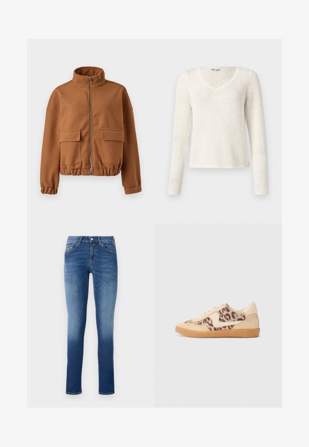 Veste en polaire marron avec un col montant, fermeture éclair, deux poches plaquées à l'avant et des poignets et un ourlet élastiqués. Texture lisse, design court.; Pull à col en V, à manches longues, en tricot blanc cassé. Présente une coupe décontractée, un motif texturé et un ourlet simple. Tissu léger.; Jeans en denim bleu avec une coupe slim, taille mi-haute, cinq poches et un léger effet de décoloration allant de la cuisse à l'ourlet.; Baskets en imprimé léopard avec tige en suède beige, semelle en caoutchouc tan et accents blancs. Bout rond et design à lacets avec une finition texturée.