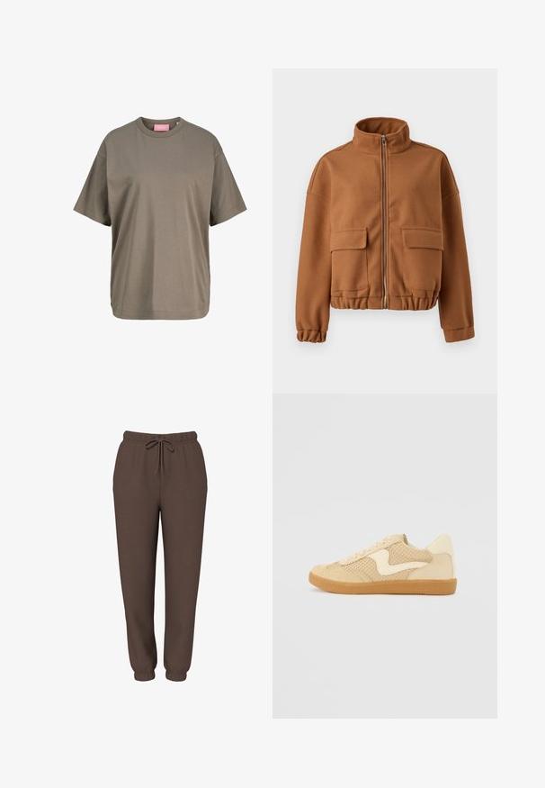 Bruine fleecejack met een hoge kraag, ritssluiting, twee opgestikte zakken aan de voorkant en elastische manchetten en zoom. Glad oppervlak, cropped ontwerp.; Effen olijfgroene T-shirt met korte mouwen en ronde hals, met een comfortabele pasvorm en een zichtbare roze merklabele binnenin de kraag.; Bruine jogger-sweatpants met elastische tailleband, trekkoord en elastische boorden, frontaal weergegeven op een witte achtergrond.; Beige sneaker van suede en mesh materialen, ronde vorm, opvallende gepolsterde kraag en een gumrubberen zool. Kenmerkt zich door een golvend ontwerp accent.