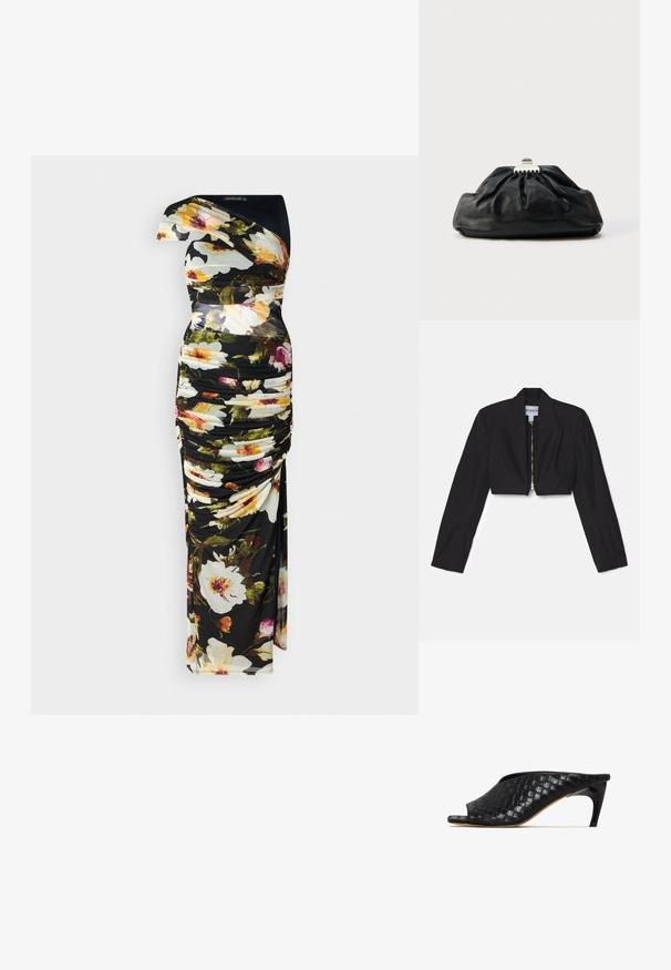 Sort cropped blazer med lange ærmer, skarpe lapeller og en frontlynlås. Har strukturerede sømme for en skræddersyet pasform.; Blomsterkjole med sort bund, design med én skulder, rynket tekstur, livlige farver i blomster mønstre og gulvlængde silhuet.; Sorte vævede mule-sandaler med åben tå og en slank, buet hæl. Materialet har en blank finish og viser et tekstureret, ternet mønster.; Sort læderclutch med en samlet tekstur, metal lukning og diskret præget logo på forsiden. Rundet form.