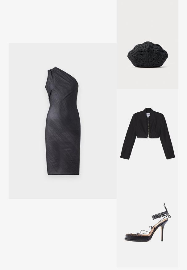 Čierny skrátený blazer s dlhými rukávmi, ostrými klopami a predným zipsom. Obsahuje štruktúrované švy pre prispôsobený strih.; Asymetrické čierne šaty s jedným ramienkom, dlhé po kolená, priliehajúca silueta, drapírovaná textúra a zapínanie na zips na chrbte.; Čierna sandála na vysokom opätku s tenkými koženými remienkami obopínajúcimi nohu a členok, s ostrým ihlovým opätkom.; Čierna prútená kabelka v tvare mušle s oblým horným okrajom a tkanou textúrou na jednoduchom pozadí.