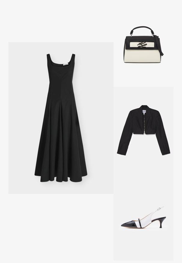 Black cropped blazer with long sleeves, sharp lapels, and a front zipper. Features structured seams for a tailored fit.; Black sleeveless long dress with square neckline and fitted bodice flaring into a wide skirt, displayed on a plain light background.; Black and white pointed-toe slingback shoe with a low kitten heel and a thin strap across the instep with a small buckle.; Black and white leather handbag with top handle, adjustable shoulder strap, and metallic stylized logo on front flap.