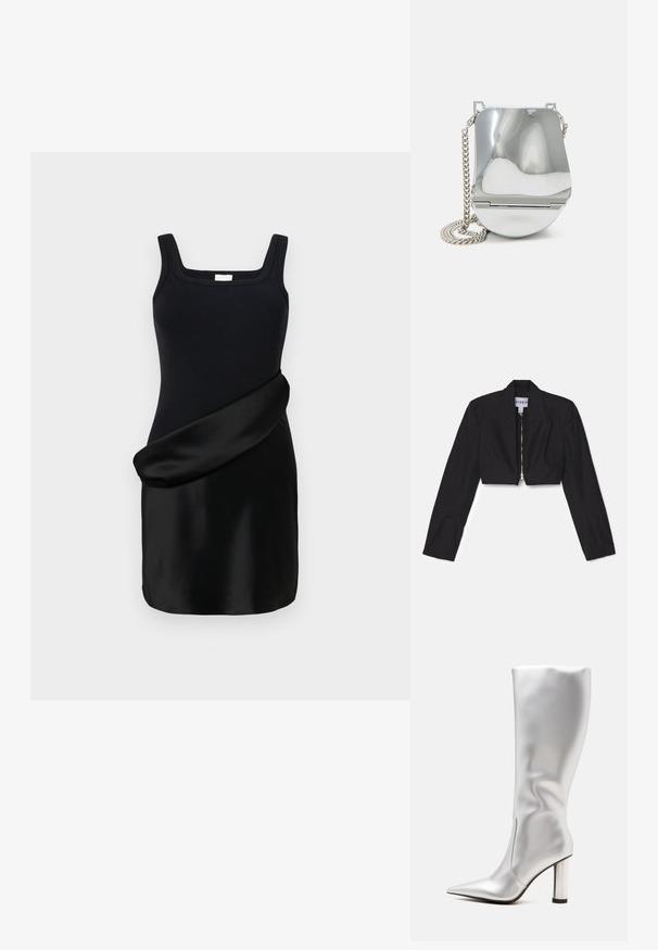 Sort cropped blazer med lange ærmer, skarpe lapeller og en frontlynlås. Har strukturerede sømme for en skræddersyet pasform.; Sort kjole med en ribbet tanktop med firkantet udskæring og en glat, draperet satin skørt. Designet kombinerer kontrasterende teksturer.; Høj sølvstøvle med høj hæl, spids tå og cylindrisk skinnende hæl vist på en ensfarvet lys baggrund.; Sølvmetallic håndtaske med en glat, buet overflade, der har en kæde-strop og et sikkert spænde. Kompakt form og reflekterende finish.